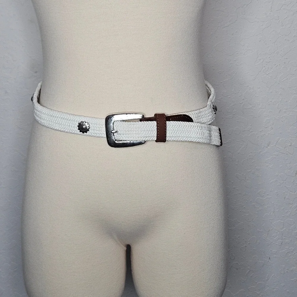Fossil Women's Braided Cord Belt White Brown Leather Sunflower Concho S M